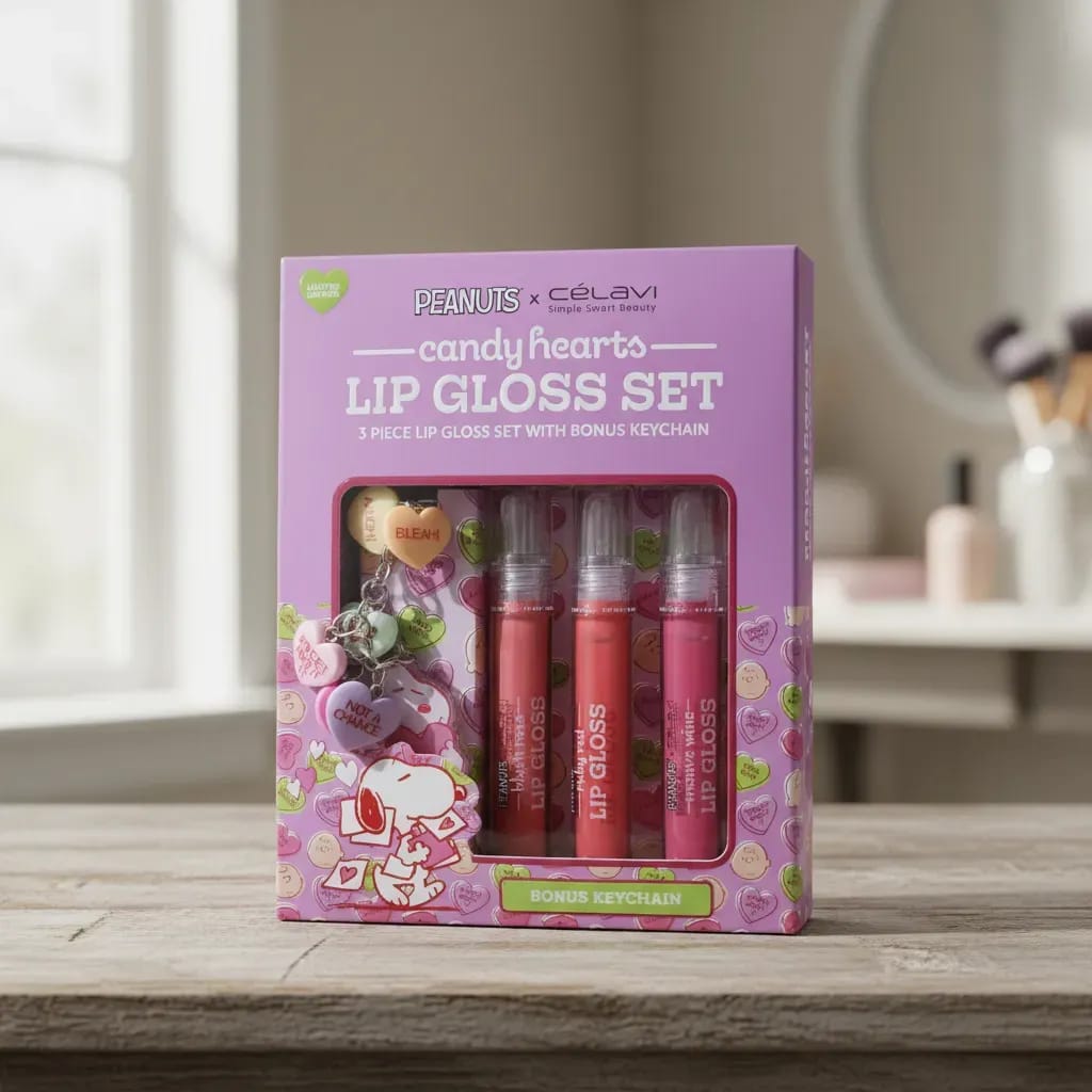 Set de Brillos Labiales "Candy Hearts" Peanuts x Célavi (3 Piezas + Llavero) 🍬🐶