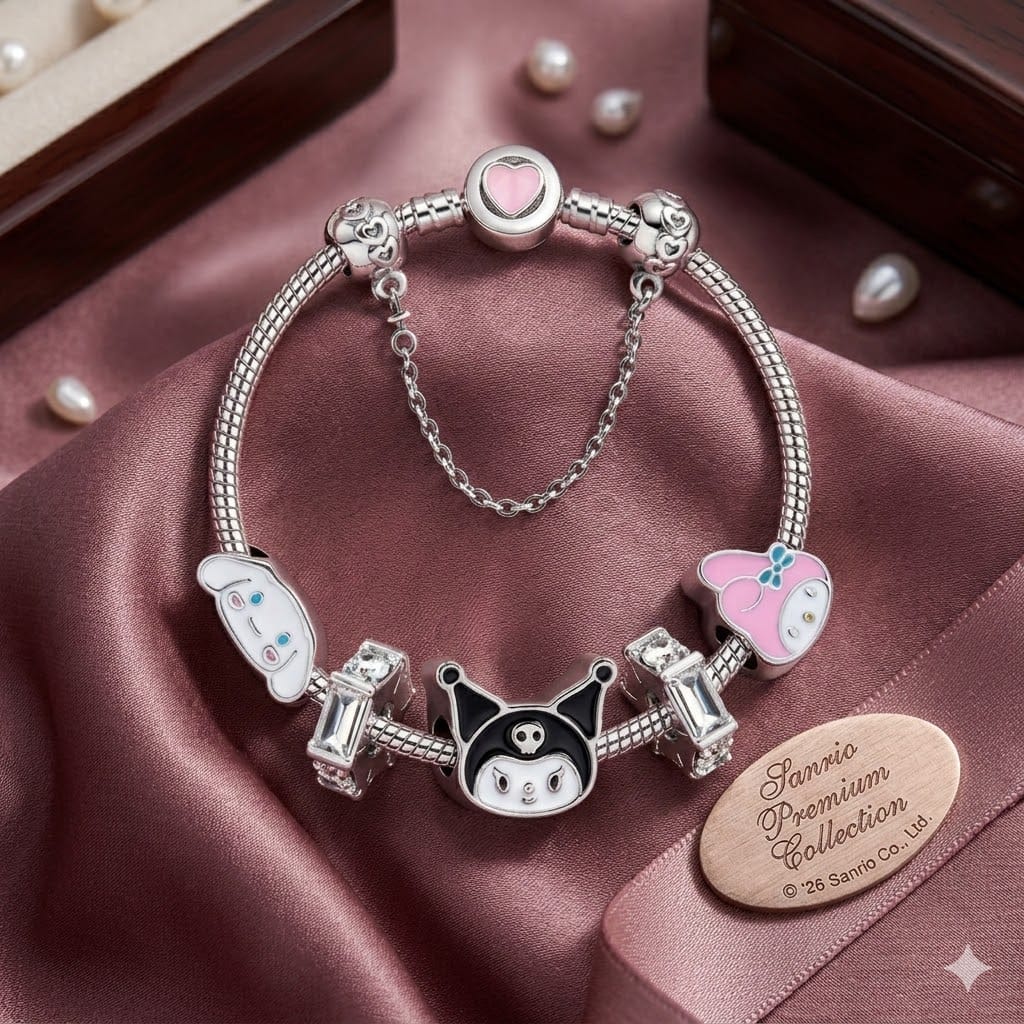 🖤 Pulsera Sanrio Trio Luxury: Kuromi, Melody & Cinnamoroll