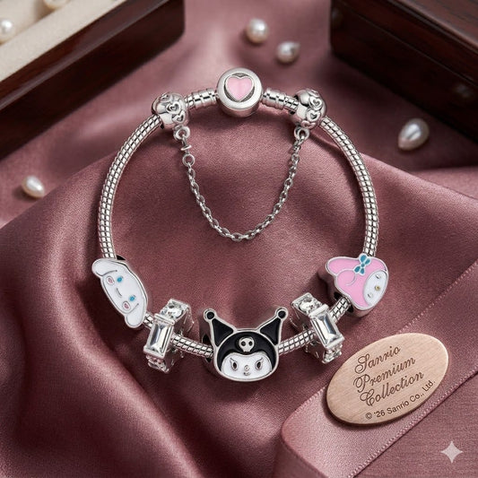 🖤 Pulsera Sanrio Trio Luxury: Kuromi, Melody & Cinnamoroll