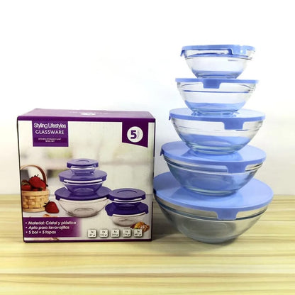 Juego de Bowls de Vidrio con Tapa (5 Piezas) 🥣