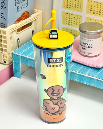 Vaso Holográfico BT21 "Shooky" con Popote y Cover Silicone 🍪800ML
