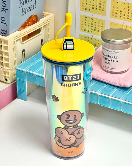 Vaso Holográfico BT21 "Shooky" con Popote y Cover Silicone 🍪800ML