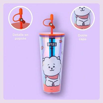 Vaso Holográfico BT21 "RJ" de Doble Capa con Popote 🦙💖800ML