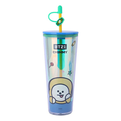 Vaso Holográfico BT21 "Chimmy" con Popote y Charm de Dulce 💛🐶800ML