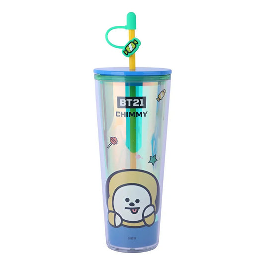 Vaso Holográfico BT21 "Chimmy" con Popote y Charm de Dulce 💛🐶800ML