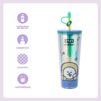 Vaso Holográfico BT21 "Chimmy" con Popote y Charm de Dulce 💛🐶800ML