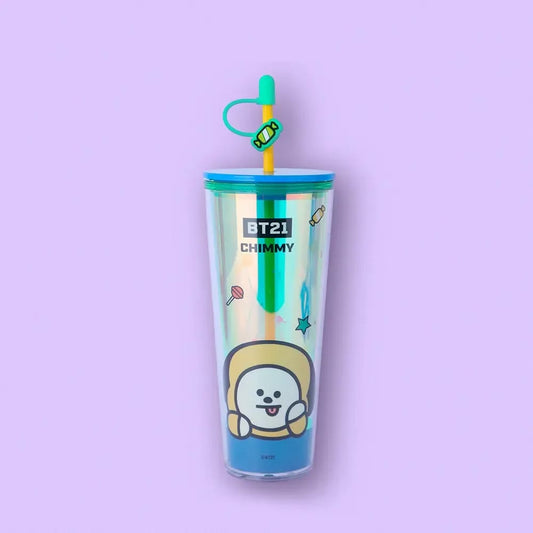 Vaso Holográfico BT21 "Chimmy" con Popote y Charm de Dulce 💛🐶800ML