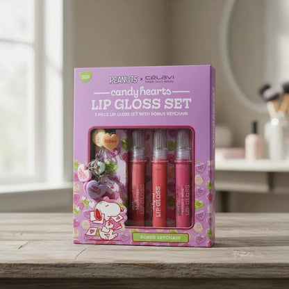 Set de Brillos Labiales "Candy Hearts" Peanuts x Célavi (3 Piezas + Llavero) 🍬🐶