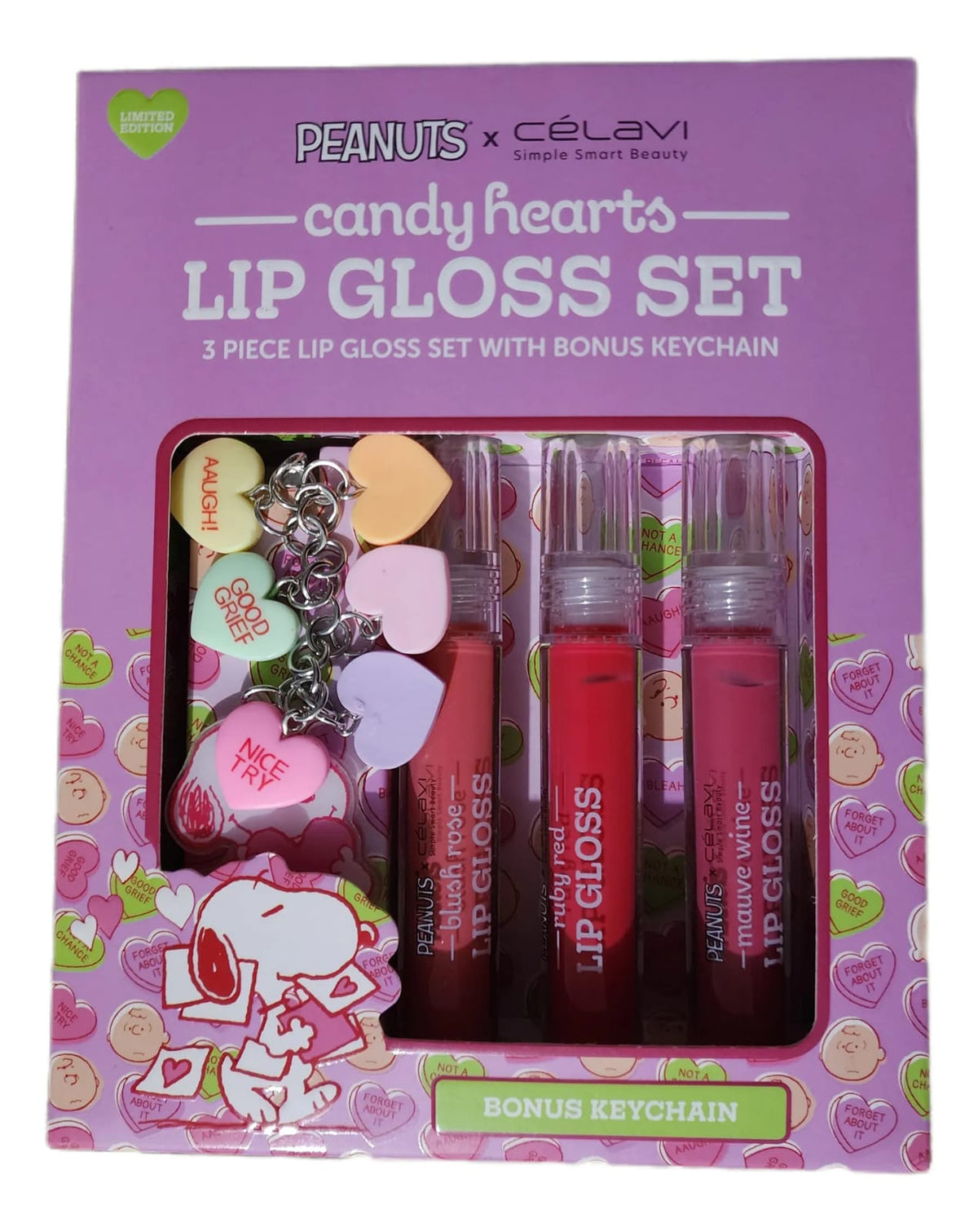 Set de Brillos Labiales "Candy Hearts" Peanuts x Célavi (3 Piezas + Llavero) 🍬🐶